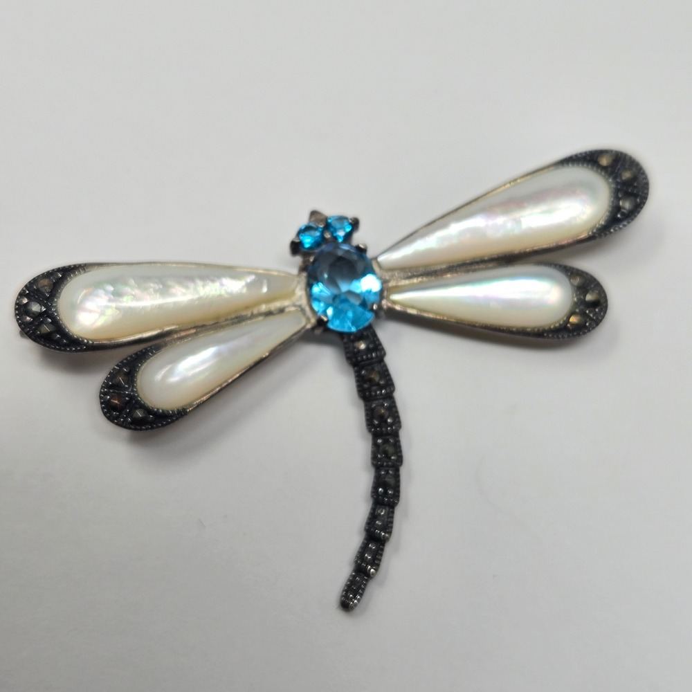 Vintage Art Deco 925 Sterling Dragonfly Brooch Mother of Pearl Marcasite Topaz
